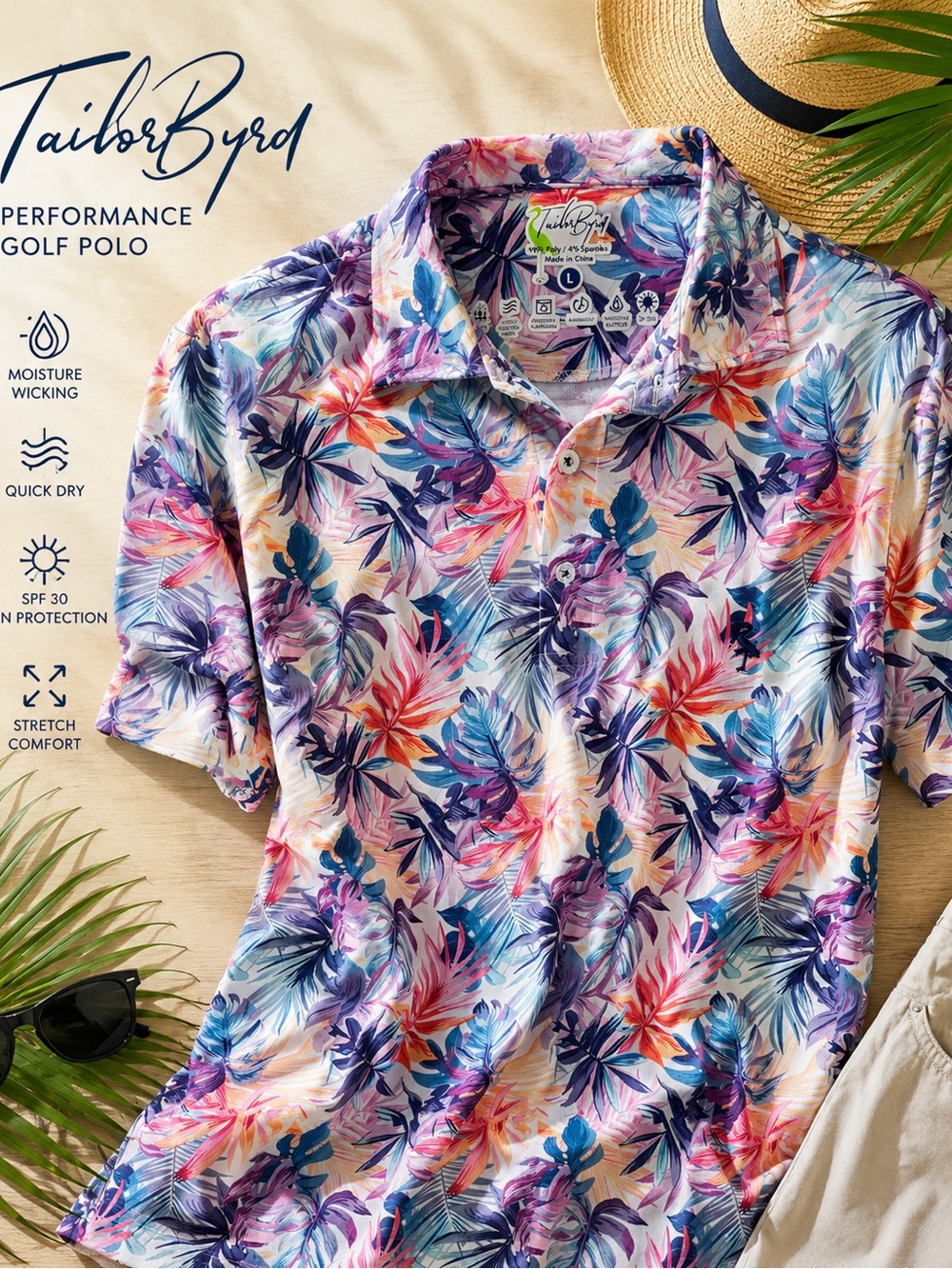 TailorByrd Tropical Floral Performance Golf Polo Shirt Size Large